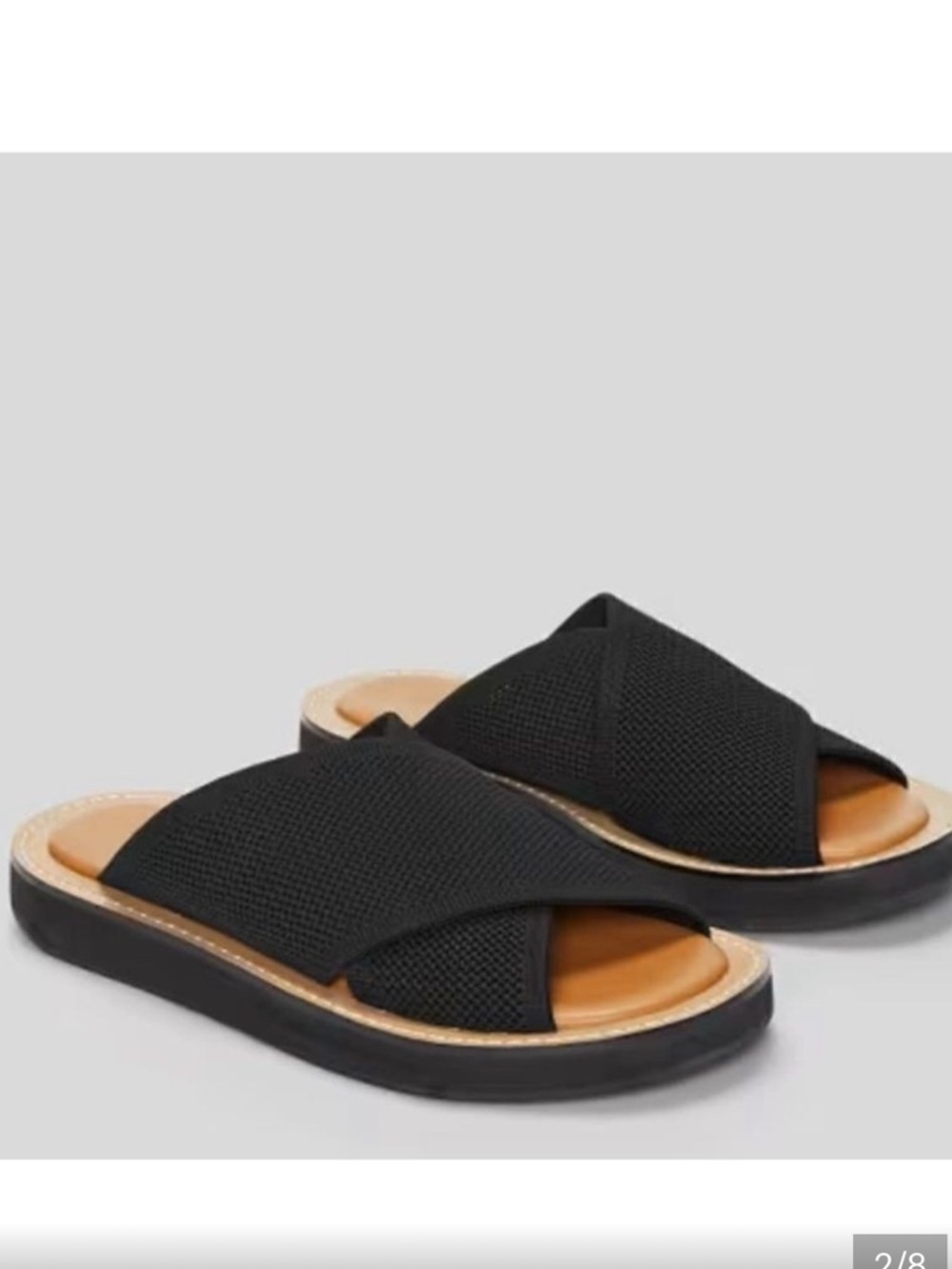 Everlane ReKnit Black Cross‑Strap platform Slide Sandals with Tan Footbed 5.5